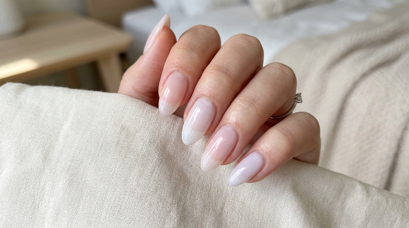 Almond soap nails close up — tapered glassy finish 2026