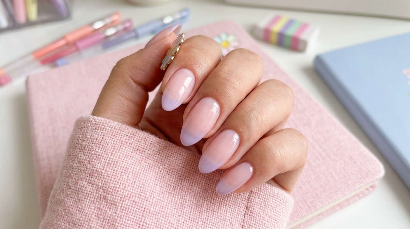 Trending almond soap nails 2026 — milky pink translucent set