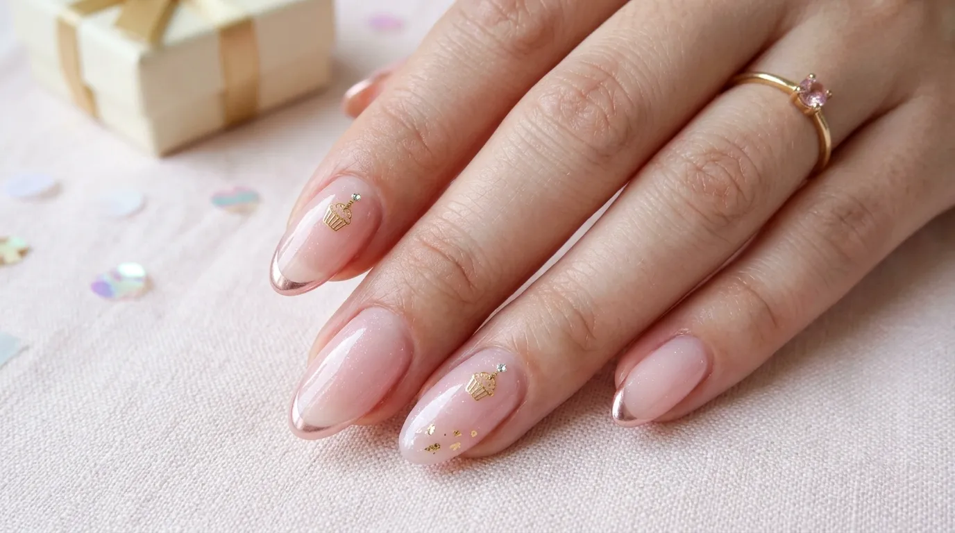 Soap birthday nails color palette — champagne, blush, and pearl shades