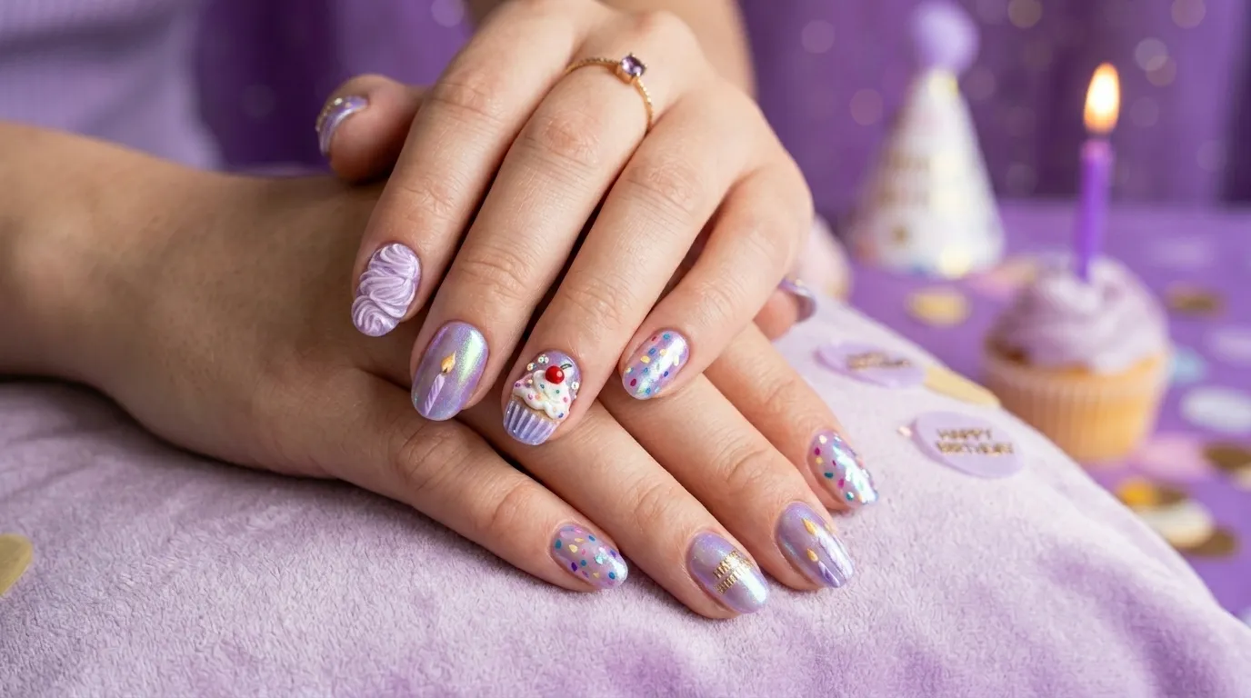 Close-up of birthday soap nail with pearl shimmer finish