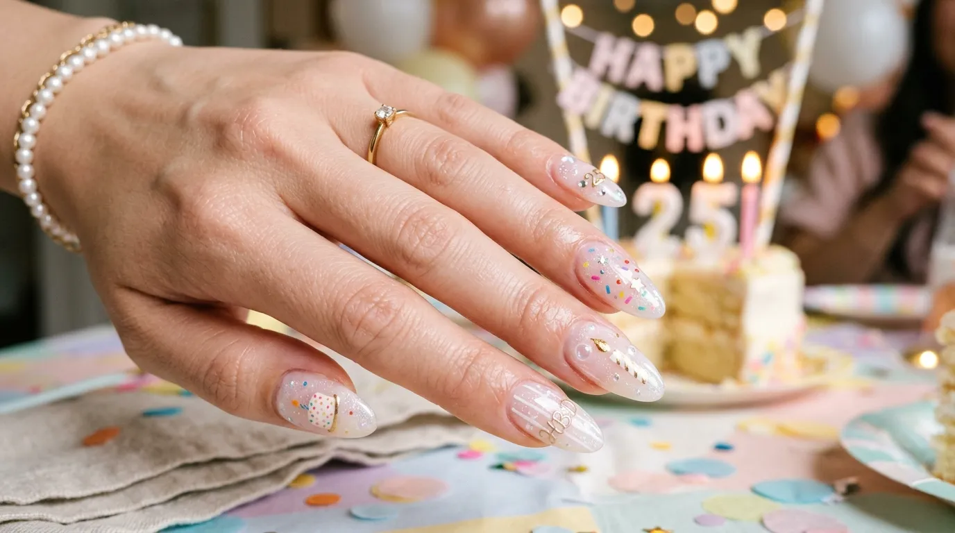Trending birthday soap nails 2025 2026 — sheer gloss pearl finish