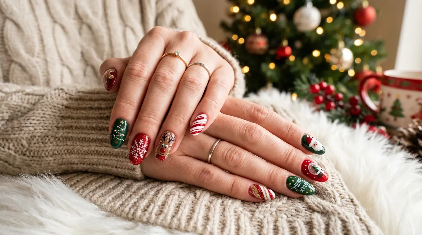 Soap Christmas nails showing glossy wet finish with festive gold accents
