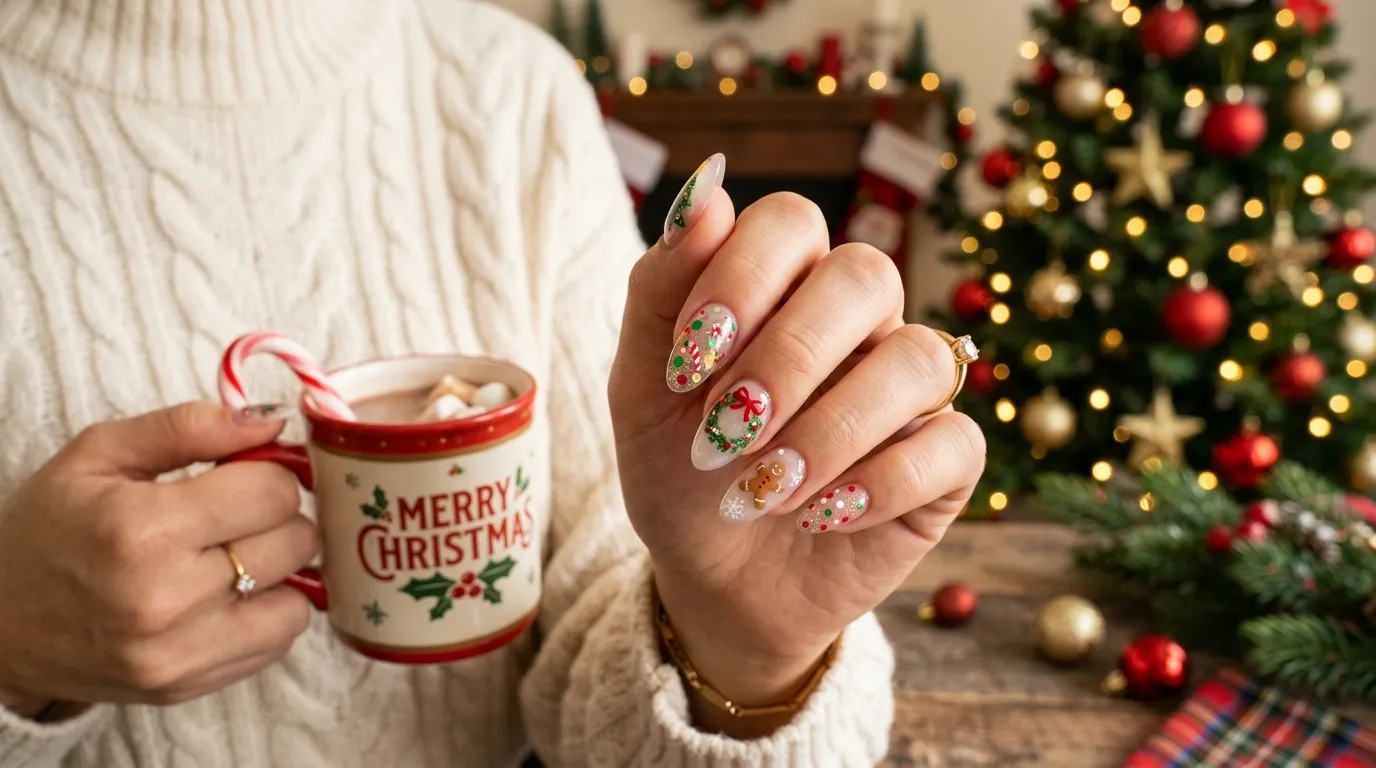 Soap nails with Christmas festive palette - frosted rose and icy pearl finish
