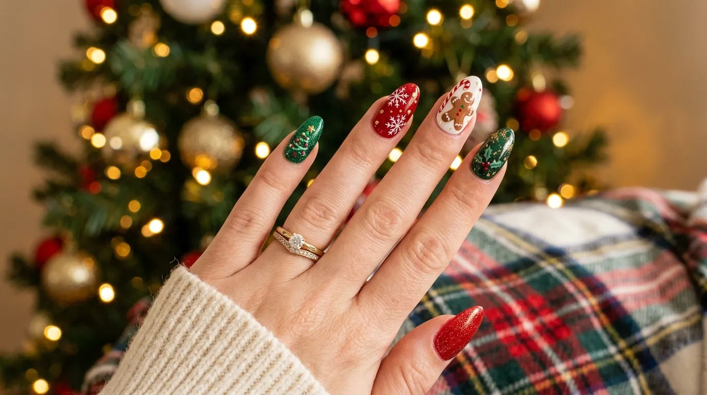 Trending Christmas soap nails 2026 - gold glaze and frosted rose designs