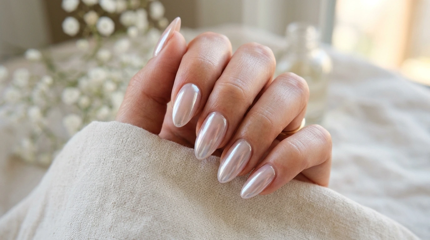 Chrome soap nails with silver mirror finish on almond shaped nails against dark background