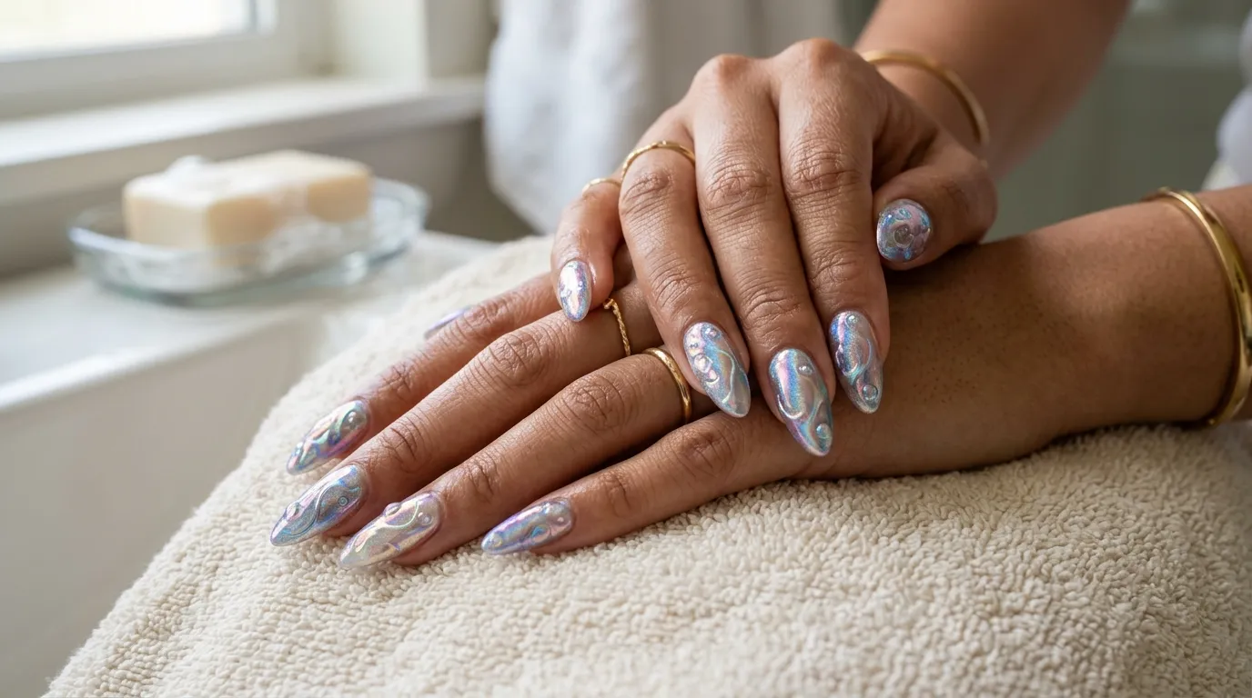 Chrome soap nail close-up showing pearl and aurora powder detail on almond shaped nail