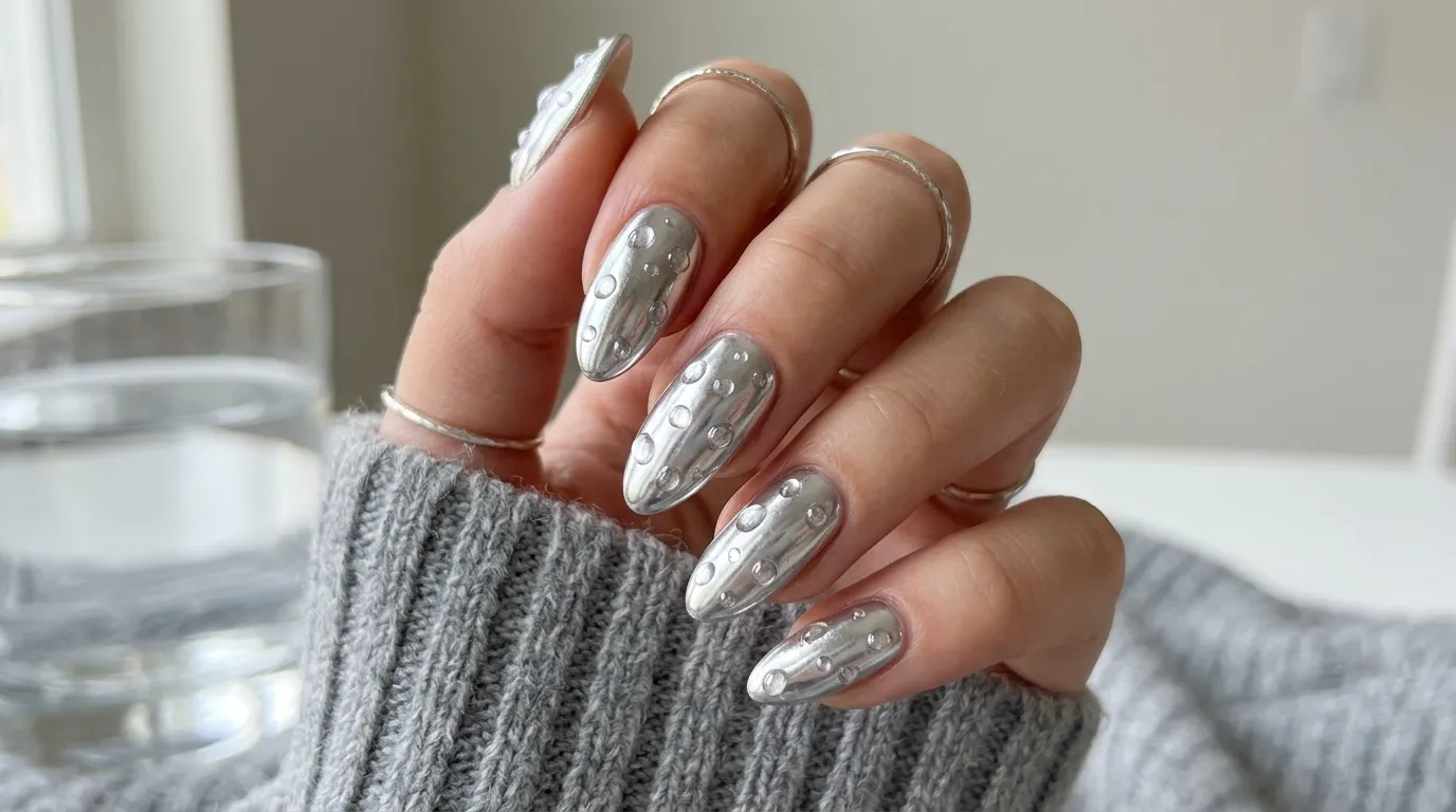 Soap chrome nails step showing chrome powder application technique on a sheer soap base