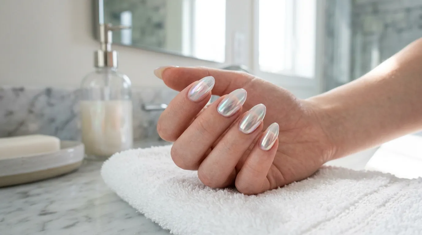 Soap nails with chrome powder finish showing rose gold and silver variations