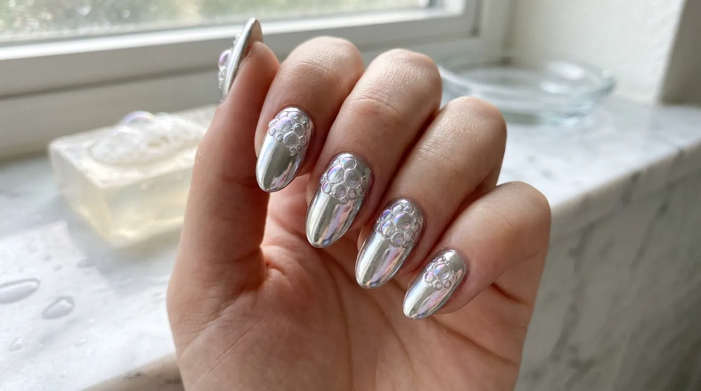 Trending chrome soap nails 2025 showing angel chrome and duochrome variations