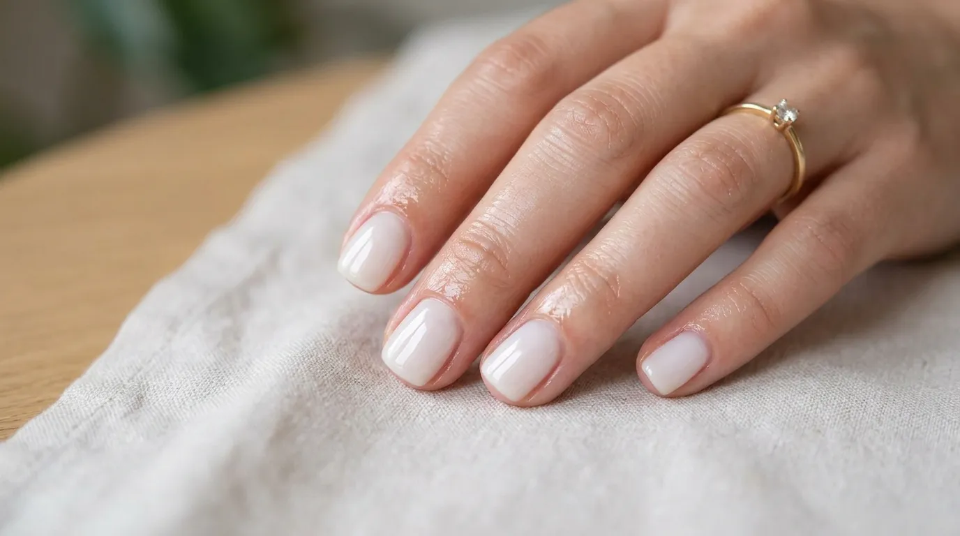 Soap clean girl nails — hydrated cuticles and glass-like gloss finish
