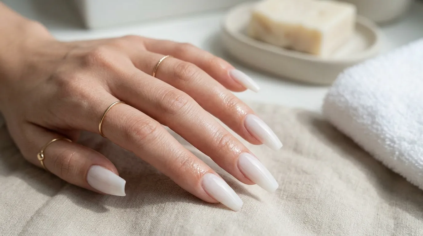 Coffin soap nail close-up showing clean sidewalls and sheer gloss dome