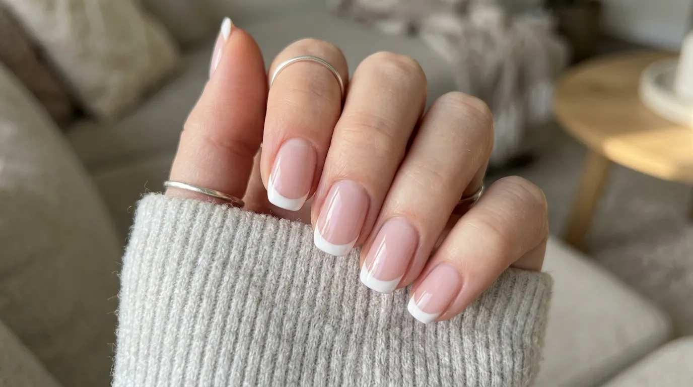 French tip soap nail close-up — precise micro smile line on sheer soap gloss