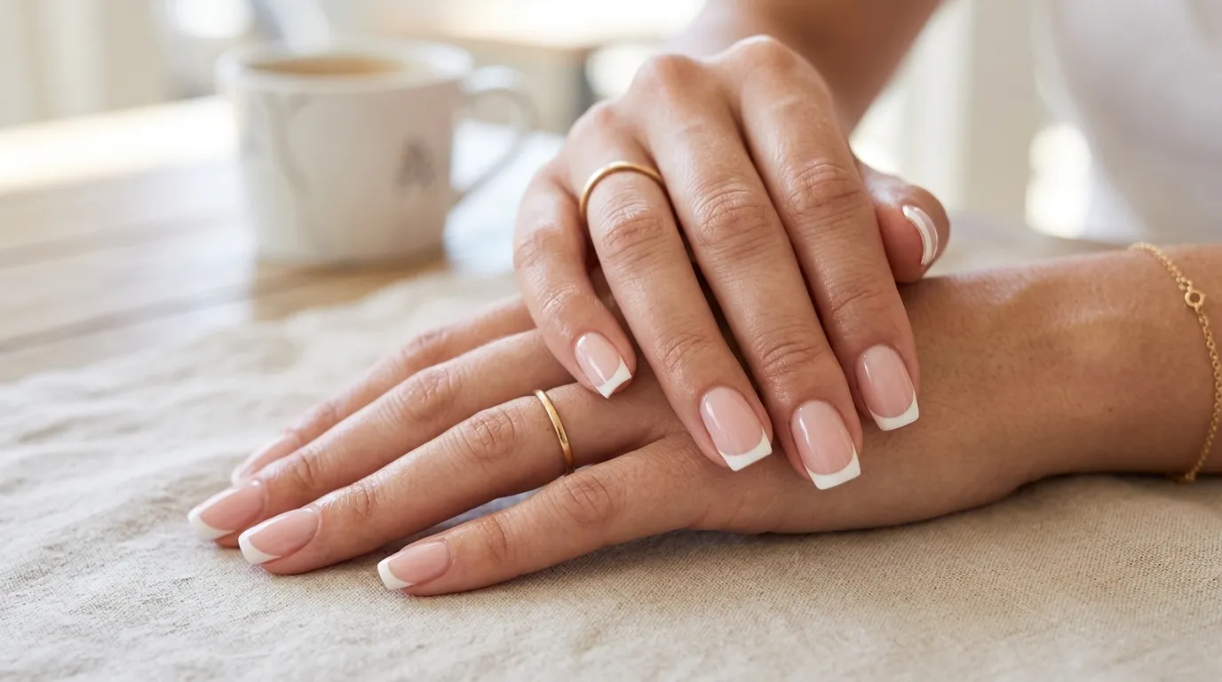 Soap nails french tip — sheer translucent base with micro-French smile line on almond nails