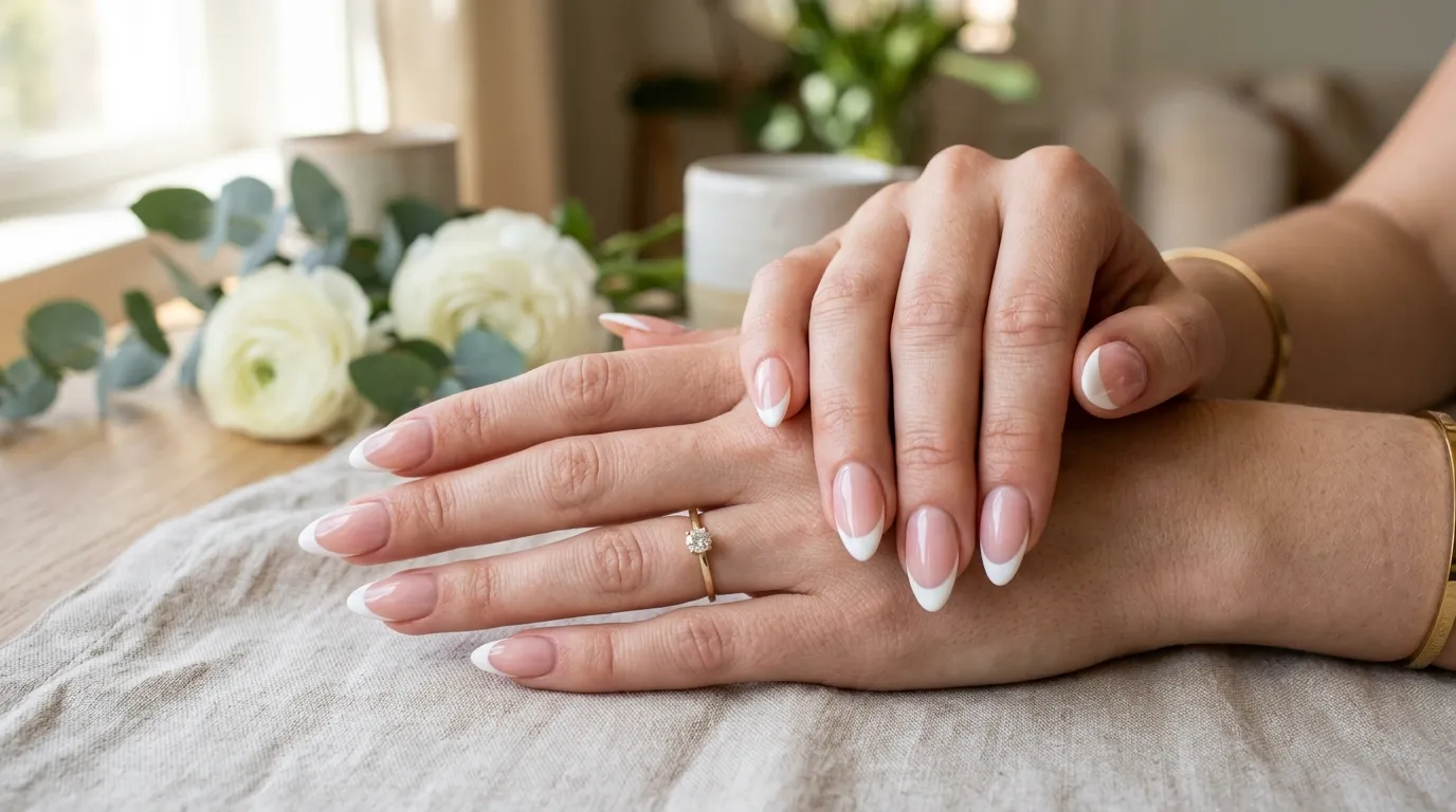 Trending french tip soap nails 2026 — glow French tip with pearl shimmer on sheer milky base
