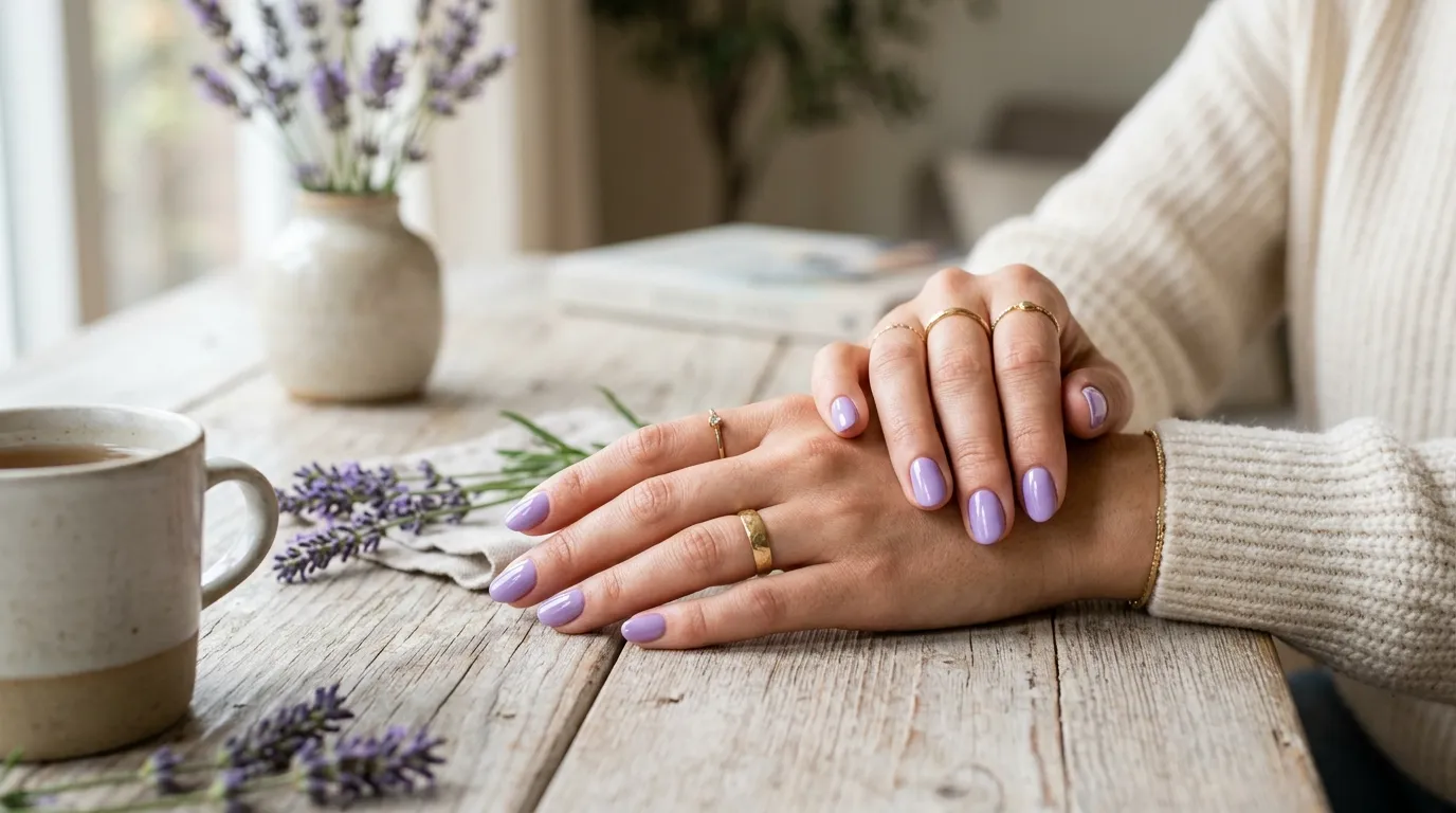 Soft sheer lavender soap nail close-up showing the translucent glossy finish