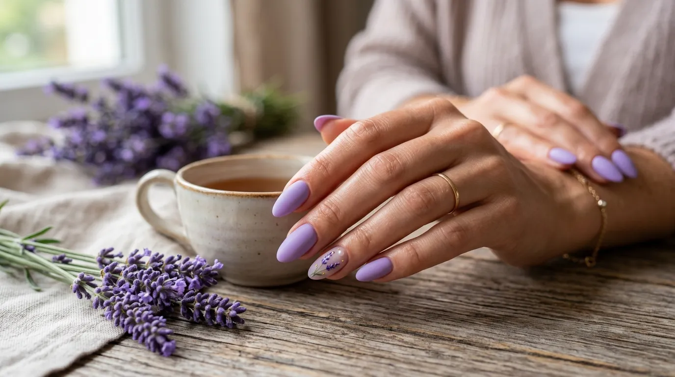 Sheer periwinkle lavender soap nails showing the soap glow effect