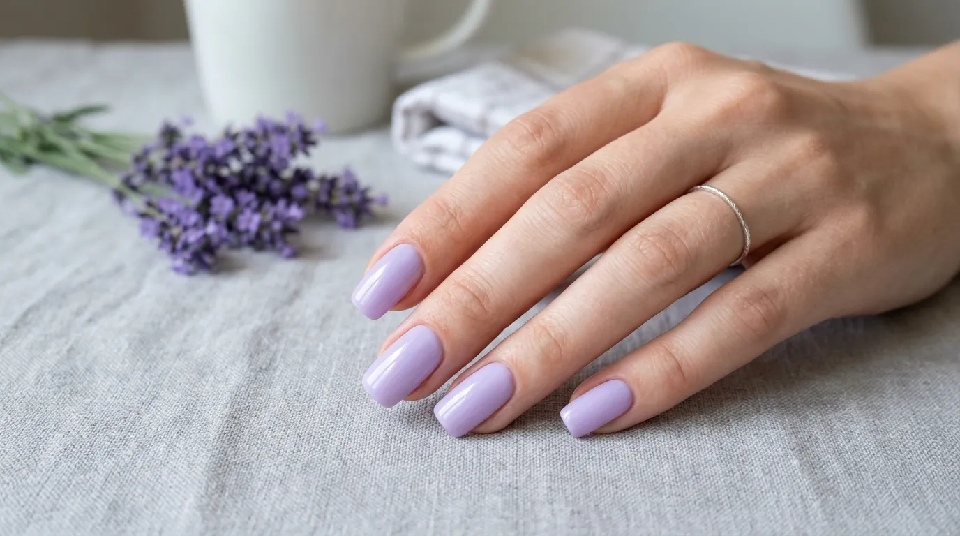 Lavender soap nails on short almond shape with glossy finish