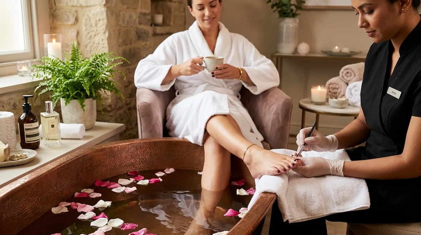 Luxury spa pedicure treatment — premium foot soak, massage, and high-gloss polish finish