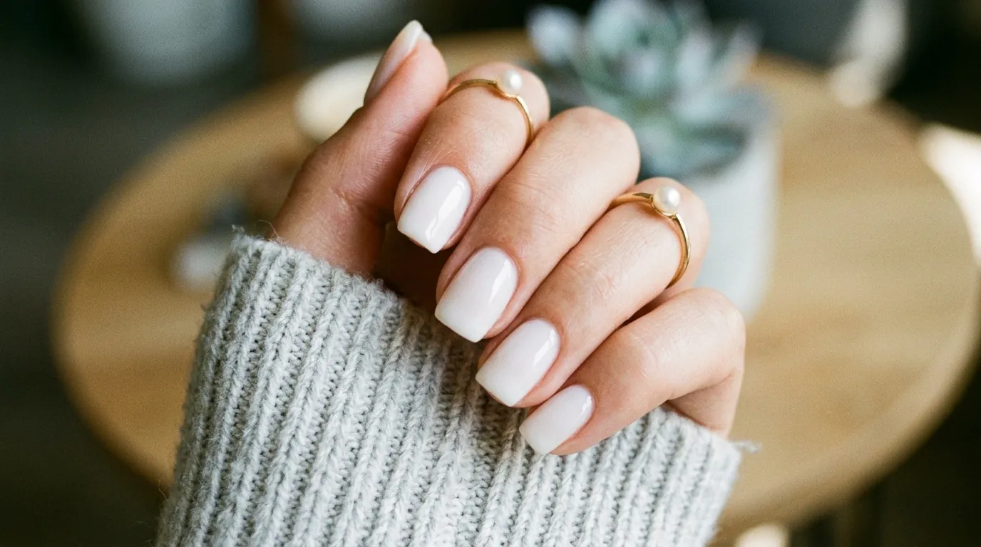 Milky white soap nails 2026 — Pantone Cloud Dancer creamy finish with high-gloss soap effect on almond nails