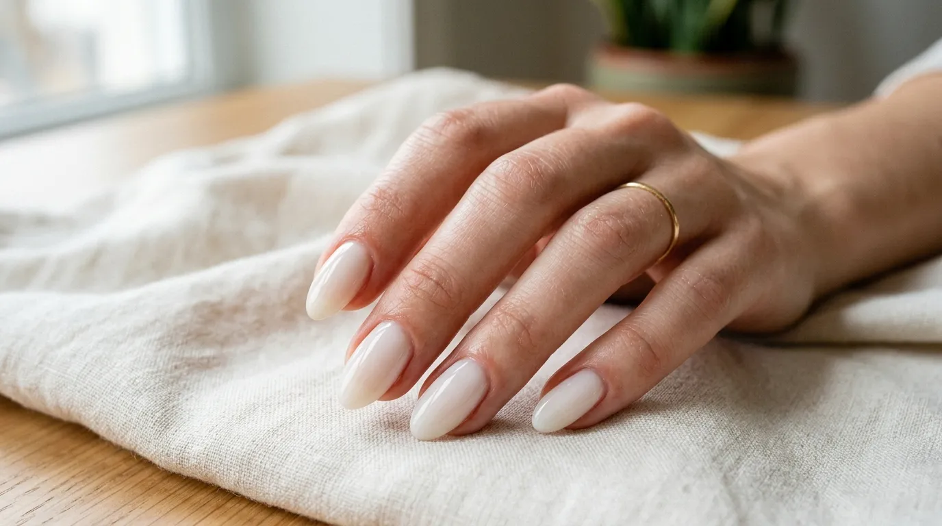 Soap nails milky white — pearl chrome accent on Cloud Dancer base with almond shape