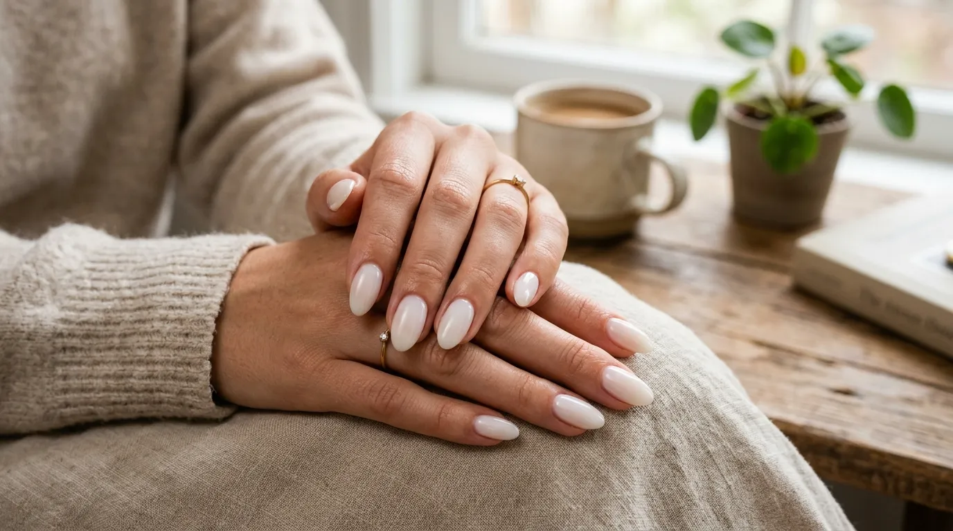 Trending milky white soap nails 2026 — Cloud Dancer finish with micro rhinestone cuticle accents