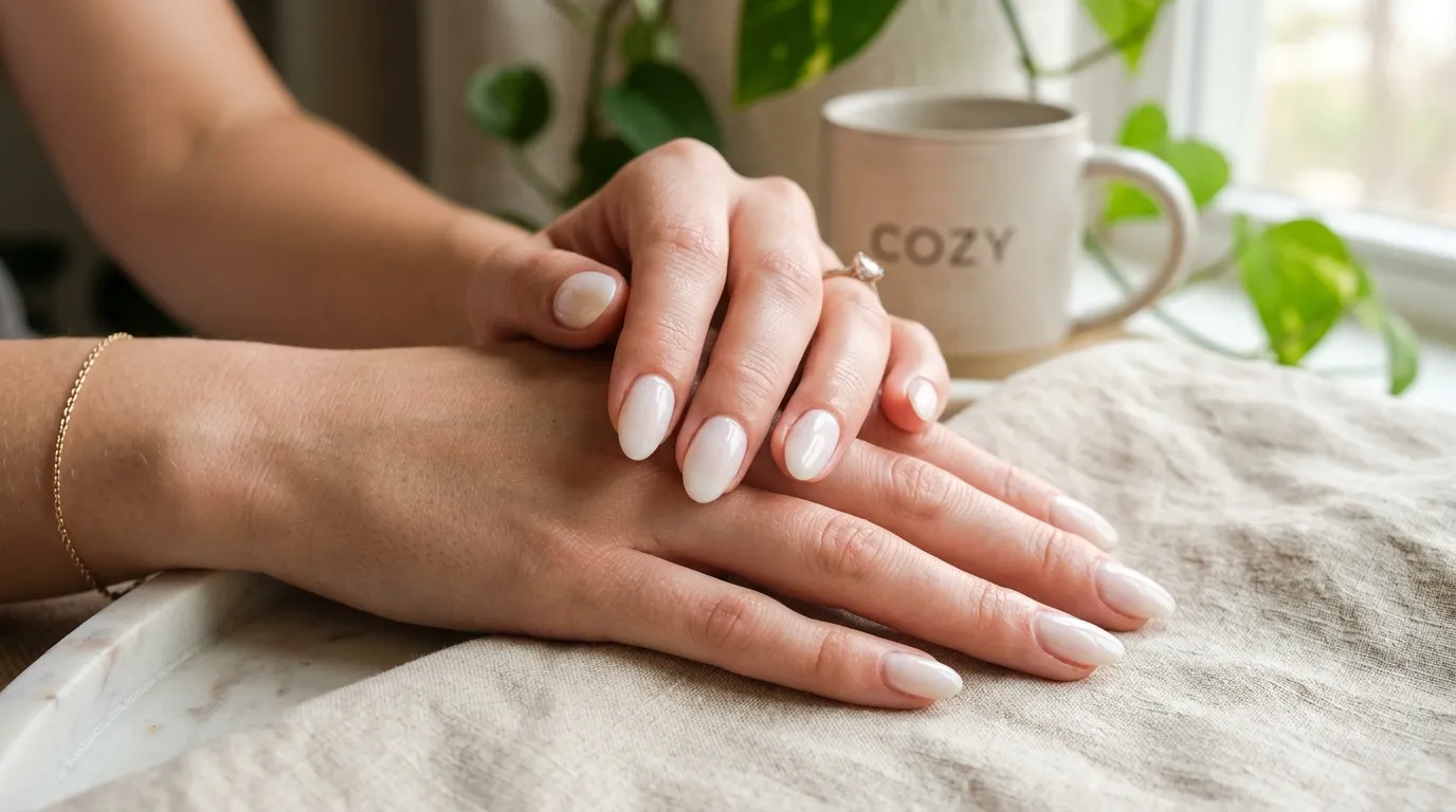 White milky soap nails — creamy semi-opaque Cloud Dancer finish with soap gloss dome on oval shape