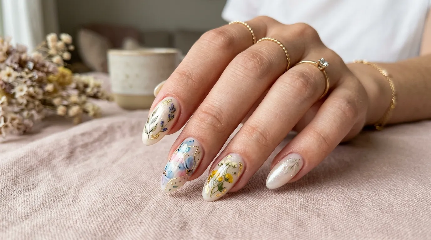 Nails design art — glitter chrome ombre floral nail techniques 2026