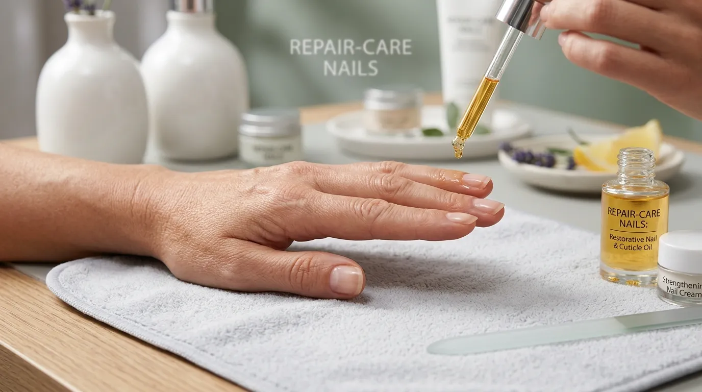 Professional nail repair care treatment showing IBX therapy application and results