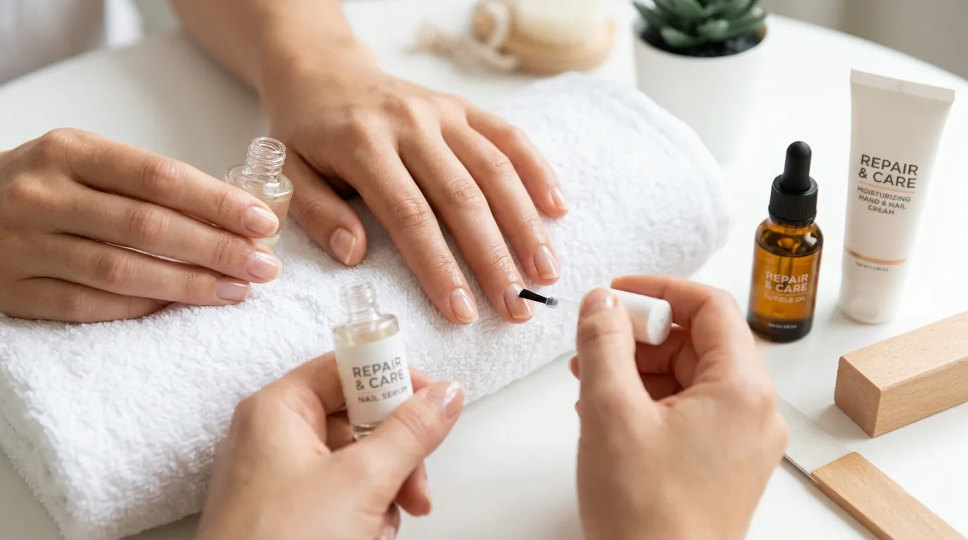 Nail repair care routine — healthy recovered nails after a 2-week treatment program showing smooth, strong nail plates