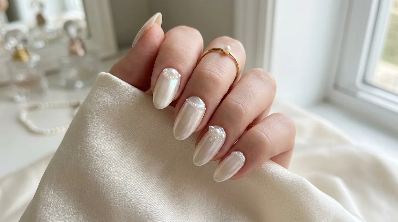 Close-up of pearl soap nails showing the iridescent shimmer and sheer translucent finish