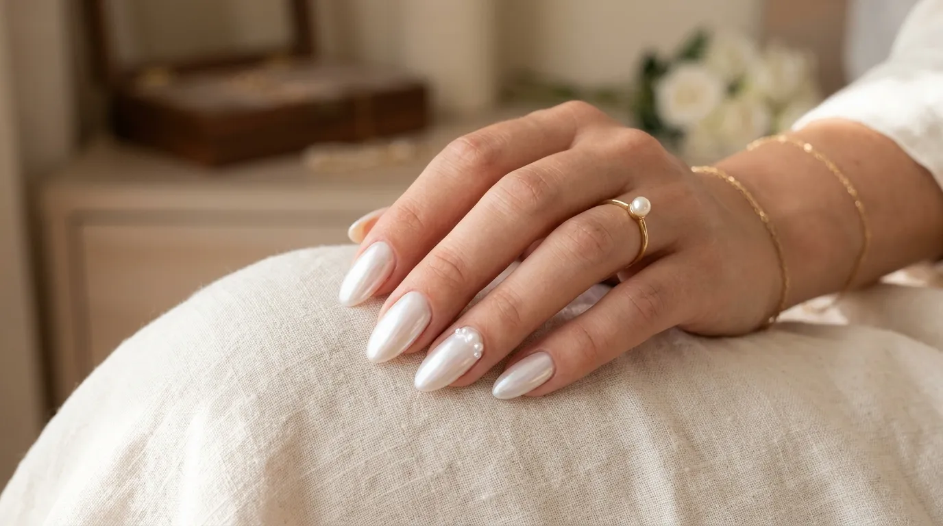 Sheer pearl iridescent soap nails showing the multi-dimensional light shift effect