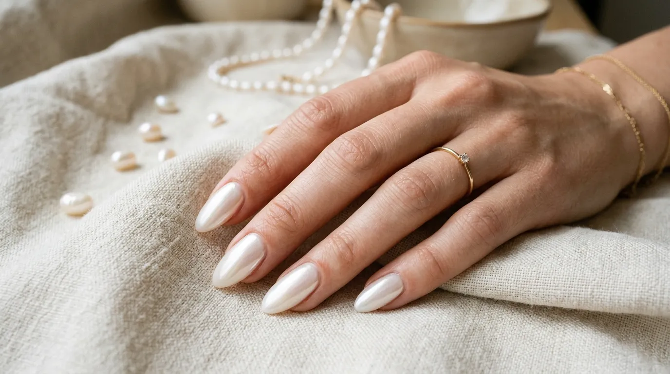 Pearl soap nails with nacre powder shimmer on oval shaped nails