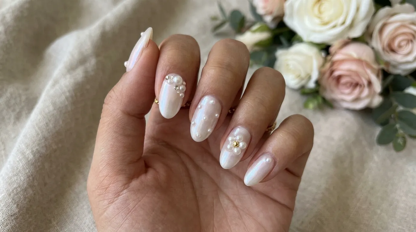 Trending pearl soap nails 2026 — iridescent oyster finish on almond nails under warm lighting